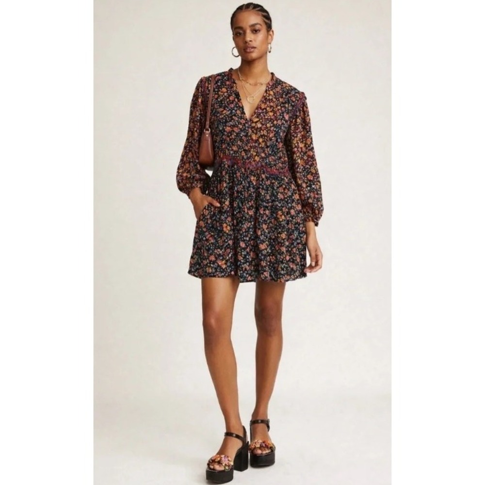Anthropologie Helene tunic dress Size S Dark floral Tiered Ruffle Whimsigoth